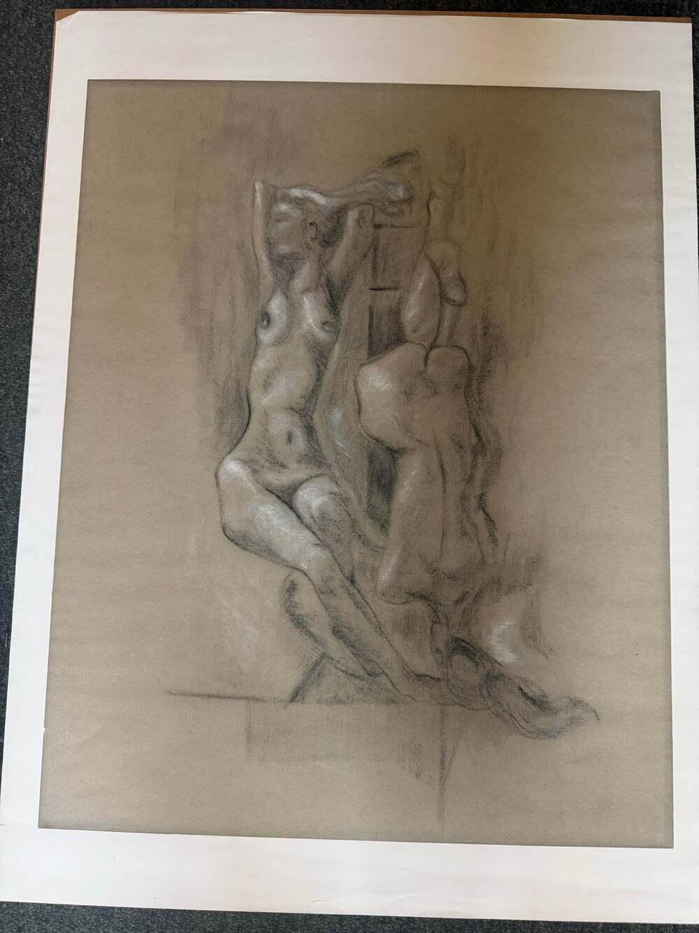 Charcoal & White Chalk Drawing on Toned Paper Bodies Embracing 20X16"